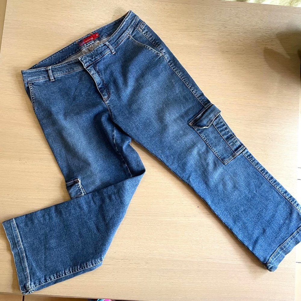 $155 By Womyn denim cargo jeans size 10